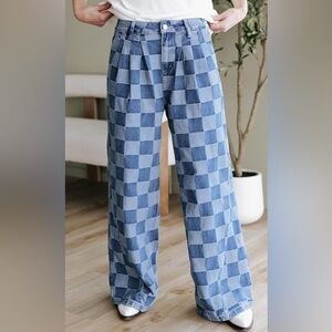 NWT, Womens Plaid Print Baggy Wide Leg Jeans High Waisted, 6